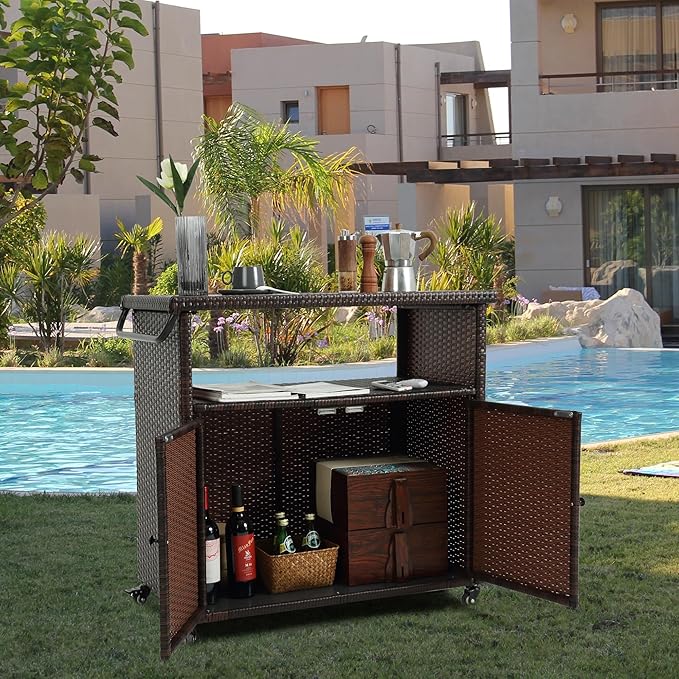 Wicker Outdoor Bar Cart - Brown Patio Console Storage Table Buffet Cabinet Serving Kitchen Cart with Wheels for Outside Backyard-Ruum Studio Home