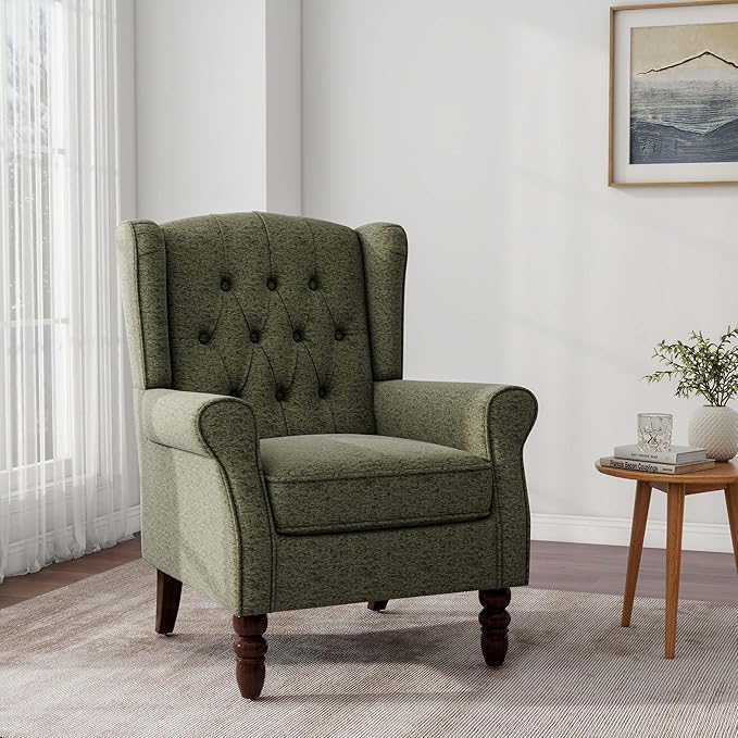 Accent Chair, Upholstered Armchair with Button Tufted High Back & Solid Wood Legs, Comfy Wingback Reading Single Sofa Chair for Small Spaces, Living Room, Bedroom (Green, Set of 1)-Ruum Studio Home