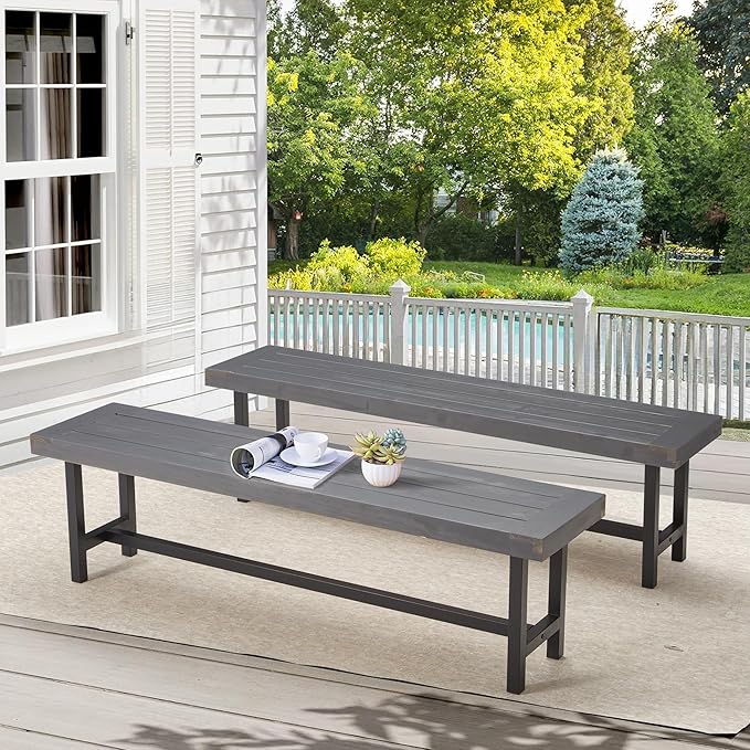 AVAWING Outdoor Wood Benches Set of 2, 63" Patio Wooden Picnic Bench for 6 Persons, Rectangular Bench for Porch, Balcony and Deck,Grey-Ruum Studio Home