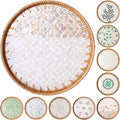 Round Rattan Tray with Mother of Pearl Inlay & Wooden Base - Decorative Wicker Serving Tray for Coffee/Bread/Fruits, Food Storage & Display - Multipurpose Home Decor (L,Fish Scales)-Ruum Studio Home