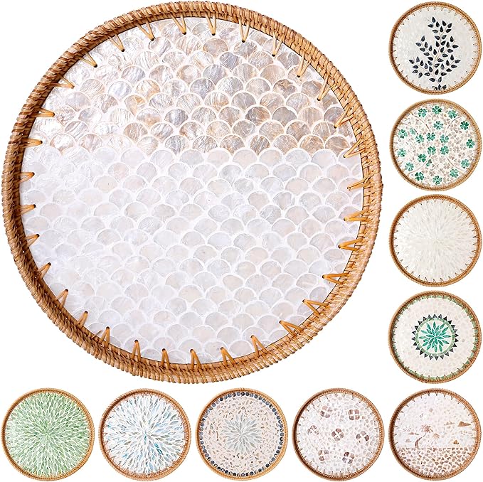 Round Rattan Tray with Mother of Pearl Inlay & Wooden Base - Decorative Wicker Serving Tray for Coffee/Bread/Fruits, Food Storage & Display - Multipurpose Home Decor (L,Fish Scales)-Ruum Studio Home