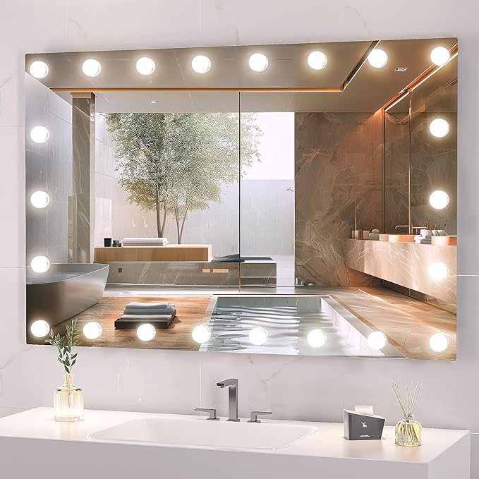 Hasipu LED Bathroom Mirror with Lights, 47" x 32" Hollywood Wall-Mounted Bathroom Mirror with 22 Dimmable Bulbs, 3 Colors Modes, Touch Control, Anti-Fog, Memory Function, Shatter-Proof, ETL Listed-Ruum Studio Home