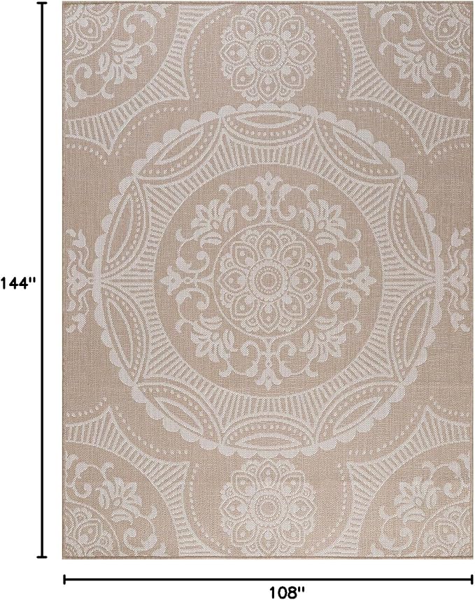 Medallion Outdoor Rug 9x12 Washable Outside Carpet for Indoor Patio Porch Waterproof Easy Cleaning Non Shedding Area Rugs Beige 9 x 12-Ruum Studio Home