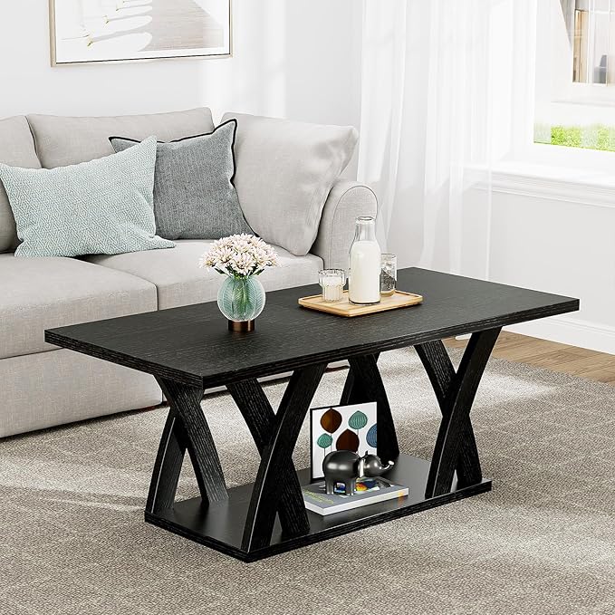 47” Wood Coffee Tables for Living Room Rustic Stands with Storage Shelf Black Coffee Tables for Living Room Farmhouse Center Stands with Shelf Farmhouse Rectangle Center Table-Ruum Studio Home