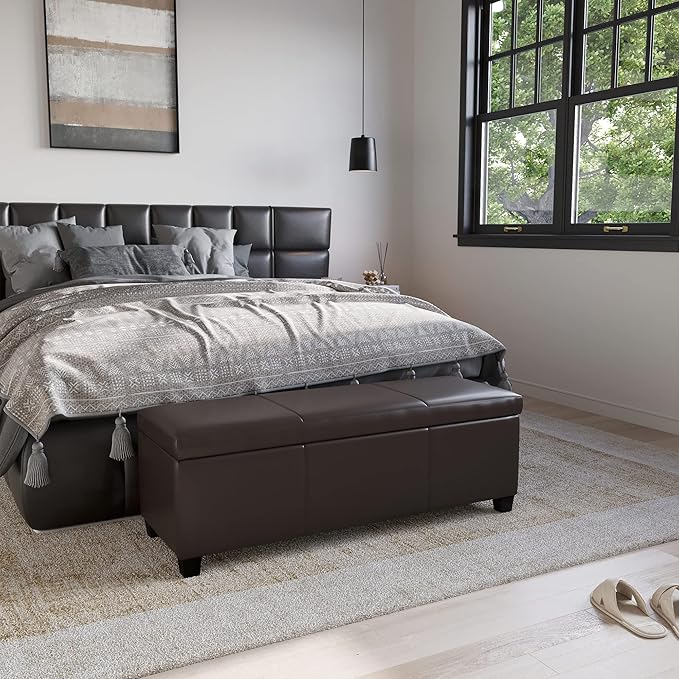 BELLEZE 47 Inch Storage Ottoman, Faux Leather Storage Bench Bedroom Bench with Safety Close Hinge, Ottoman with Storage for Living Room, Entryway, Hallway, Foot Rest, Support 300lbs - Brown-Ruum Studio Home