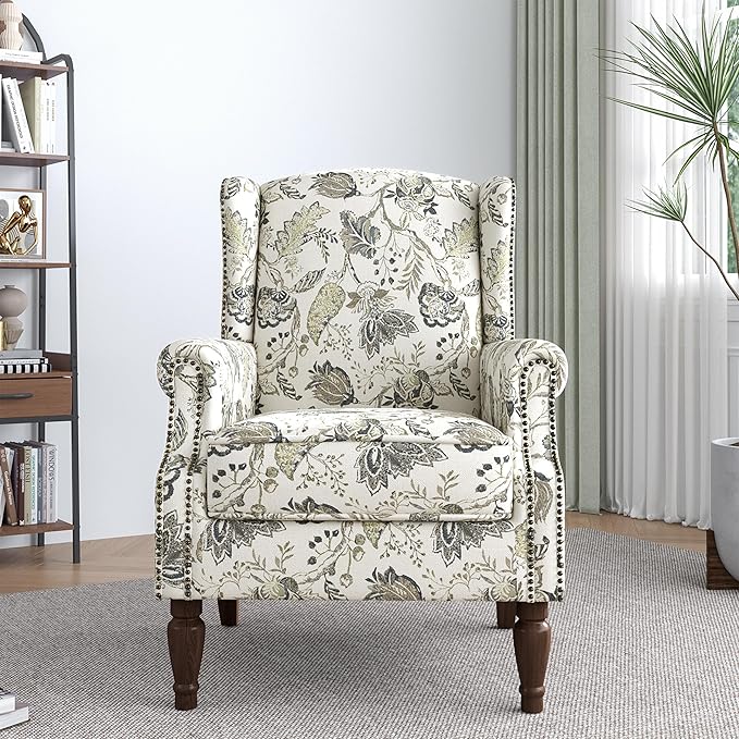 Lumibee Wingback Accent Chair,High Back Floral Armchairs in Fabric,Comfy Upholstered Reading Single Sofa Chair with Solid Wood Legs for Living Room,Bedroom,Office-Plants Beige-Ruum Studio Home