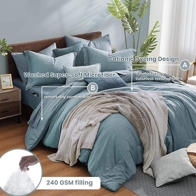 Monbix Queen Comforter Set - 7 Pieces Dusty Blue Cationic Dyeing Bed in a Bag Queen Bedding Sets with Sheets, Pillowcases & Shams, Reversible Bedding Comforters-Ruum Studio Home