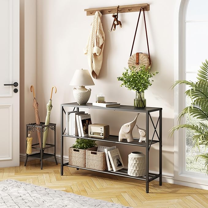 Hoctieon Industrial Console Table, 3 Tier Entryway Table, Hallway Table, Narrow Sofa Table with Shelves, Entrance Table for Entryway, Living Room, Foyer, Hallway, Office, Black-Ruum Studio Home