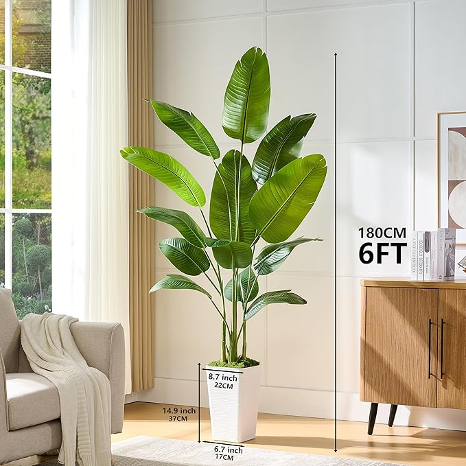 Fake Bird of Paradise Silk Artificial Plant Faux Banana Leaf Tree Lifelike Bird of Paradise for Home Decor Indoor Floor Plant with 10 Trunks (1, White Tall Planter, 6 FT)-Ruum Studio Home