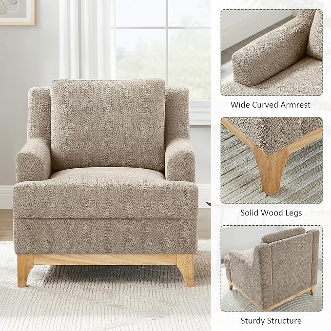Oversized Accent Chair, Modern Boucle Armchair with Wood Legs, Modern Reading Chair with Thick Cushion, Comfy Chairs for Living Rooms, Bedrooms, Reading nooks and Apartments-Ruum Studio Home