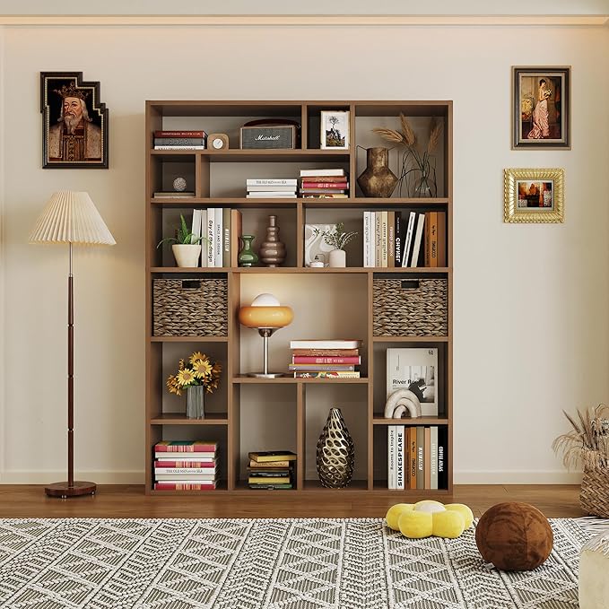 6-Tier Large Open Bookcase 71” Tall Sturdy Wooden Bookshelf with Baskets,Modern Style 16-Cube Home Display Shelf for Bedroom, Living Room（Oak Color）-Ruum Studio Home