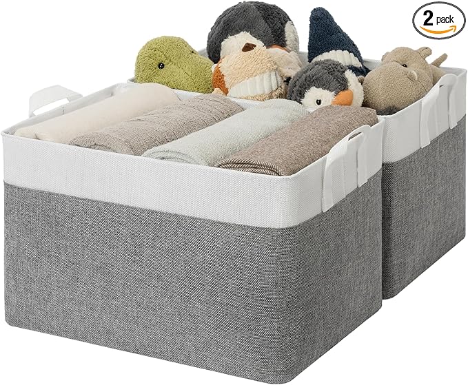 GRANNY SAYS Storage Baskets for Shelves, Closet Organizer Bins, Clothes Storage Bins with Metal Frame, Extra Large Baskets for Organizing and Storage, Collapsible, Gray&White, 2-Pack-Ruum Studio Home