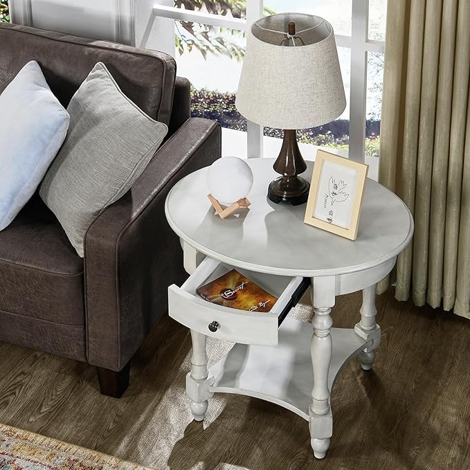 MODERION Oval End Table with Drawer, Solid Wood Sofa Side Storage Shelf, Traditional Living Room Corner Table, Nightstand, Easy Assembly 28INCH x 22INCH 24INCH Antique Walnut CJZ2233RW White-Ruum Studio Home