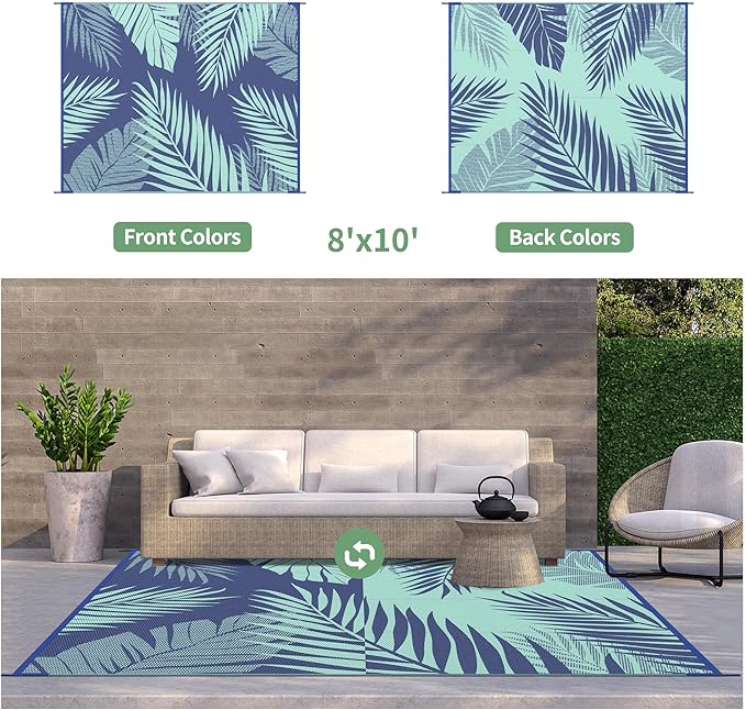 GENIMO Outdoor Rug 8' x 10' Waterproof for Patios Clearance, Reversible Outdoor Plastic Straw Camping Rug Carpet, Large Area Rugs Mats for RV, Camper, Deck, Balcony, Porch, Beach Royal Blue&Blue Green-Ruum Studio Home