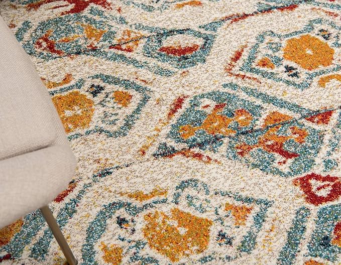 Unique Loom Rosso Collection Vintage, Geometric, Bohemian, Traditional, Distressed, Southwestern Area Rug, Round 4' 0" x 4' 0", Multi/Ivory-Ruum Studio Home