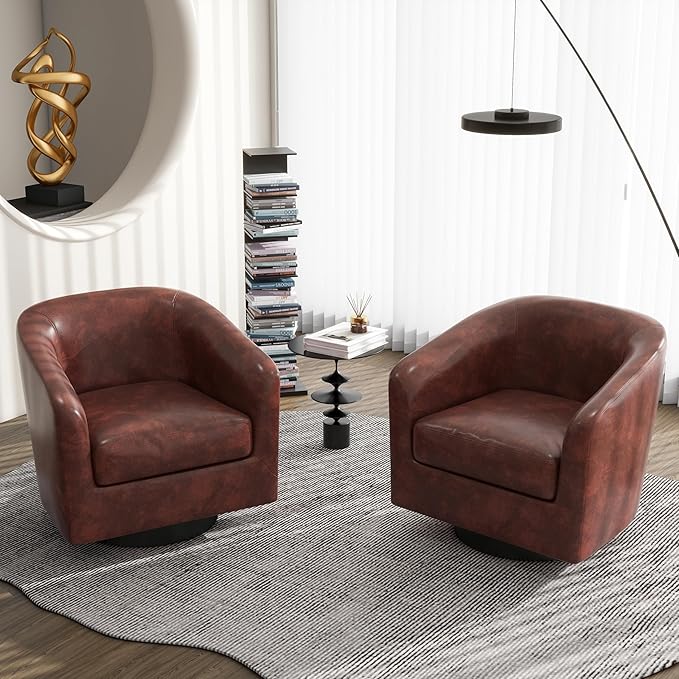Swivel Barrel Accent Chair, Modern Round Faux Leather Arm Chair for Living Room, Bedroom, Comfy Club Reading Chairs for Adults(Faux Leather, Red Brown, Set of 1)-Ruum Studio Home