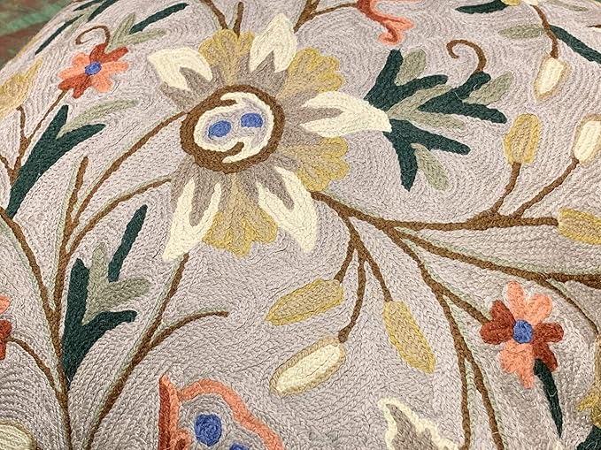 Beige Floral Pillow Cover Taupe Flower Traditional Hand Embroidered Pillowcase Traditional Outdoor Cushion Suzani Couch Flowery Needlepoint Chair Cushion Wool Size - 18x18-Ruum Studio Home