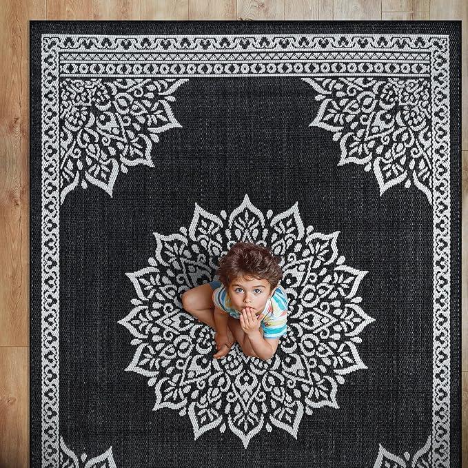 CAMILSON Outdoor Rug, 8x10 Medallion Black White Modern Area Rugs for Indoor and Outdoor Patios, Kitchen and Hallway Mats, Washable Porch Deck Outside Carpet (Medallion Black, 8 x 10)-Ruum Studio Home