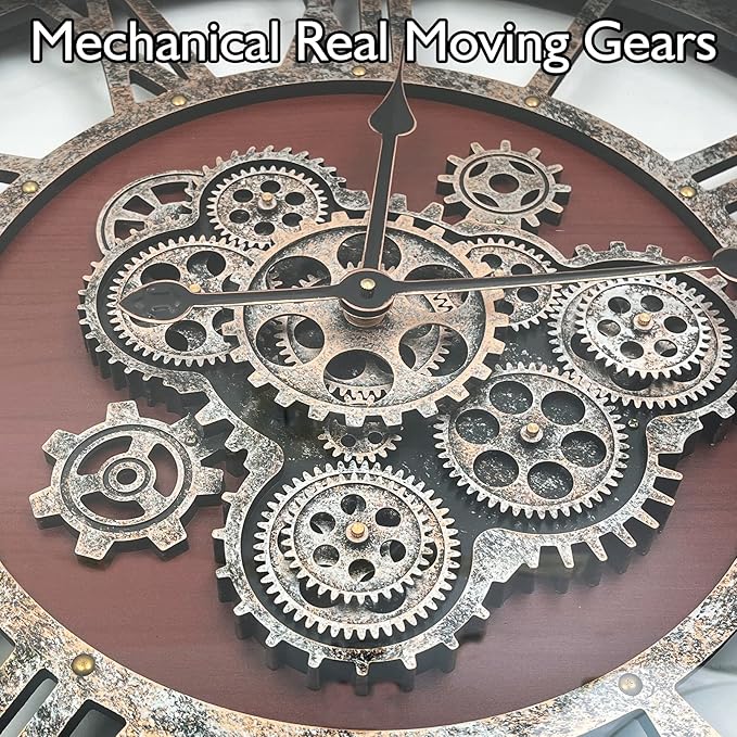 DORBOKER 30" Original Moving Gears Wall Clock, Large Industrial Wall Clock for Living Room Decor, Retro Wood Vintage Farmhouse Steampunk Rustic Clocks for Wall Decor,Black Walnut-Ruum Studio Home