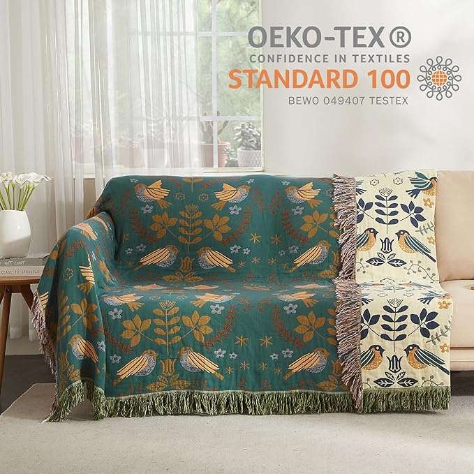 Boho Throw Blanket for Bed 60”x80”, 100% Cotton Woven Blanket for Couch Sofa, Ultra Soft 4-Layer Muslin Quilt with Bird Floral Printed, Farmhouse Bed Blanket/Cover for Living Room Decor-Ruum Studio Home