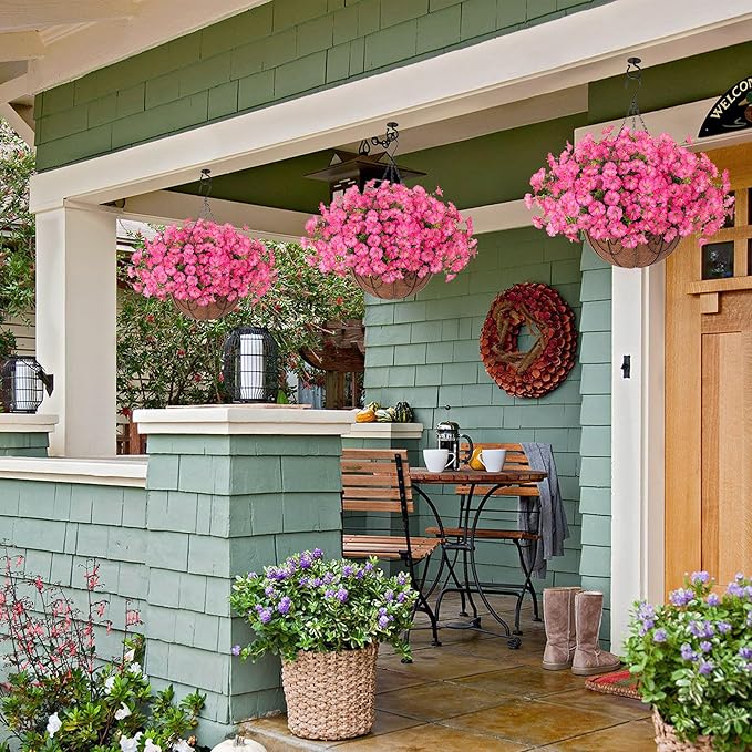 Artificial Faux Hanging Plants Flowers Basket for Outdoors Outside Spring Summer Decoration, Silk Pink Morning Glory in Planter UV Resistant Look Real Fake Flowers for Porch Patio Balcony Home Yard-Ruum Studio Home
