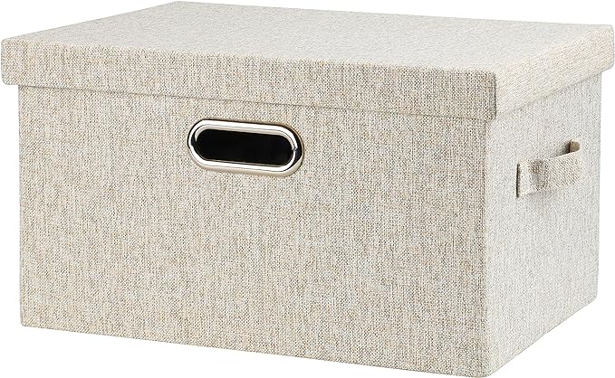 Medium 15" 21 Quart Collapsible Stackable Storage Bins with Lids, 1 Pack Beige Foldable Fabric Closet Storage Boxes with Lids, Heavy-duty Linen Baskets for Bedroom-Ruum Studio Home