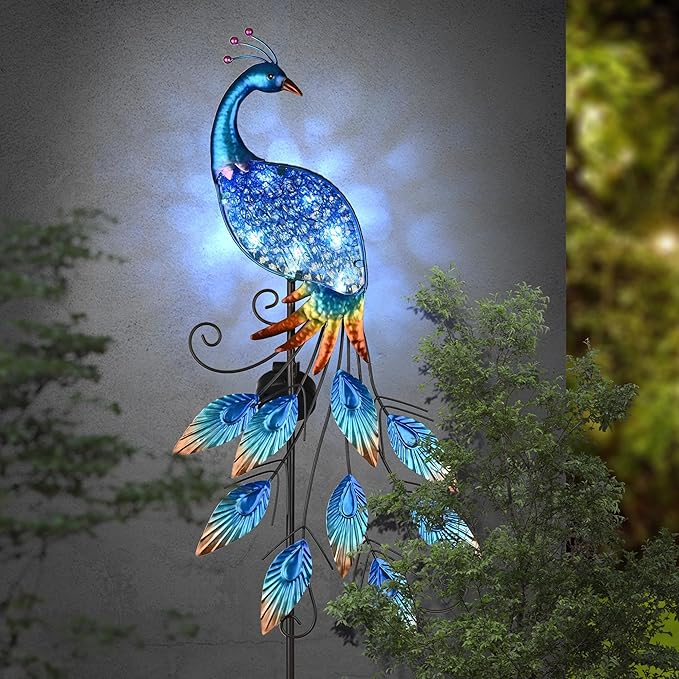 TERESA'S Collections Garden Decor Blue Peacock with Solar Outdoor Lights, 40" Glass Yard Art for Outside, Decorative Metal Stake Outdoor Decor for Lawn Decorations, Patio, Gifts for Mom-Ruum Studio Home