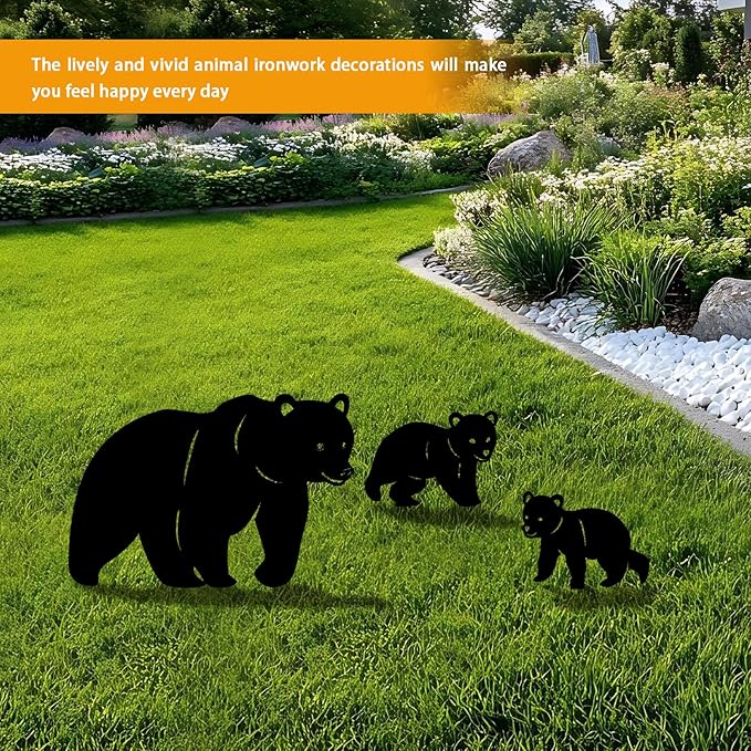 3 Pack Bear Metal Garden Decorative Stakes, Weather Proof Silhouette Statues for Yard, Patio,Outdoor Decor for Bear Lovers and Pet Owners-Ruum Studio Home