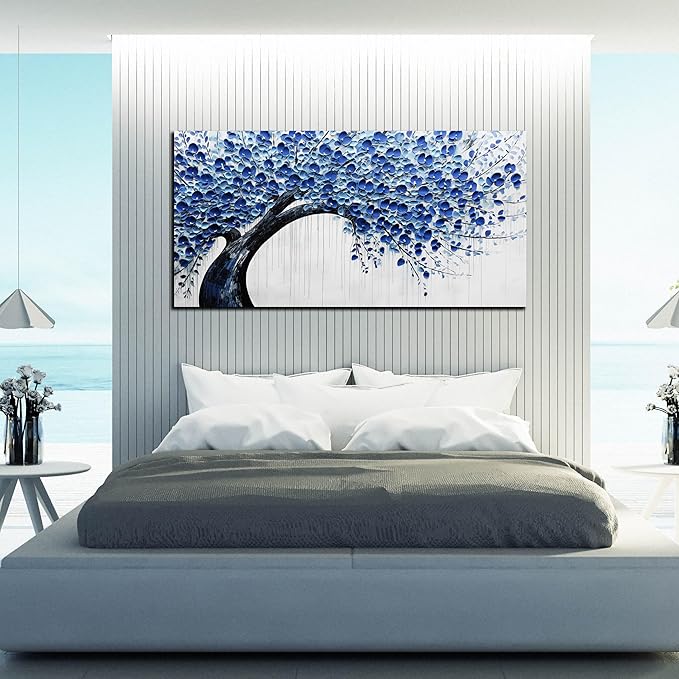 Large Wall Art for Living Room Bedroom Home Office Blue Tree of Life Wall Art Floral Picture Framed Wall Decor Modern Canvas Prints 24x48 In-Ruum Studio Home