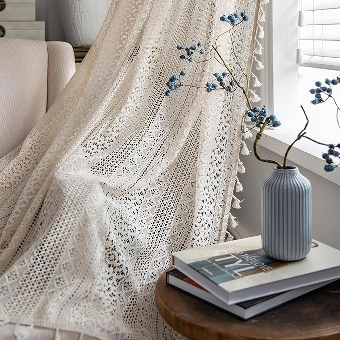 Sutuo Home Boho Curtains 120 inches for Bedroom Living Room Patio Doorway, Crochet Lace Sheer Bohemian Extra Long with Tassels,Window Treatment Drape, Single 1 Panel 59" W x 120" L, Beige-Ruum Studio Home