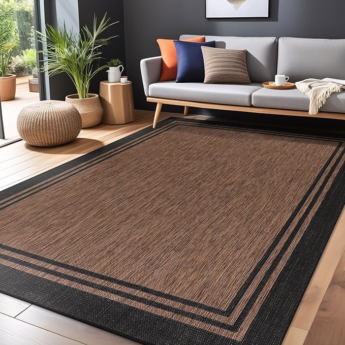 Bordered Outdoor Rug 6x9 Washable Outside Carpet for Indoor Patio Porch Waterproof Easy Cleaning Non Shedding Area Rugs Nut Brown 6 x 9-Ruum Studio Home