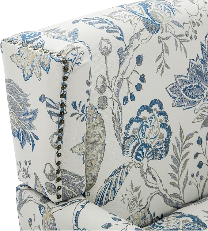UIXE High Back Floral Accent Chairs Set of 2, Upholstered Armchair in Fabric, Retro Printed Wingback Arm Chair for Living Room, Nailhead Trim Single Sofa Bedroom Reading Seat - Plants Blue-Ruum Studio Home