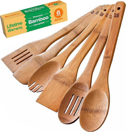 Riveira Dark Bamboo Wooden Spoons for Cooking 6-Piece, Apartment Essentials Wood Spatula Spoon Nonstick Kitchen Utensil Set Premium Quality Housewarming Gifts for Everyday Use-Ruum Studio Home