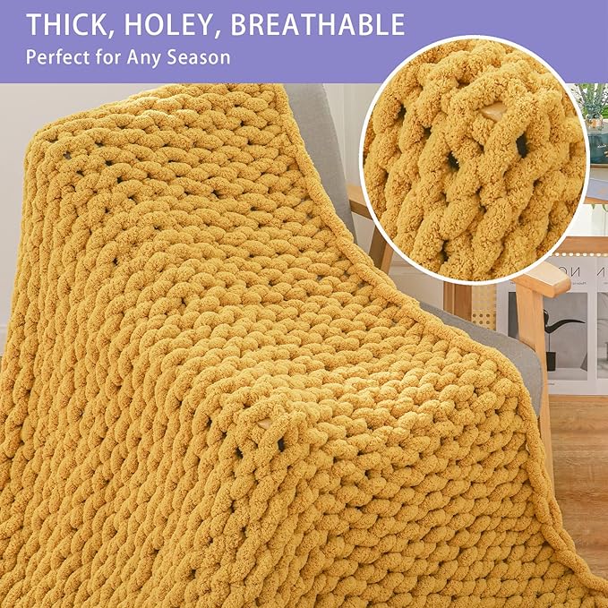 Bigacogo Chunky Knit Throw Blanket for Couch, 51x63 inches, 100% Hand Knitted with Thick Jumbo Chenille Yarn, Cozy Soft Large Rope Knot Cable Crochet Blankets for Sofa Bed Living Room, Mustard Yellow-Ruum Studio Home