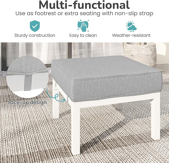 Solaste Outdoor Footstools Patio Ottoman Set of 2, Aluminum All-Weather Outdoor Footrest Seat with Removable Cushions, Patio Furniture Ottomans for Garden, Backyard, Poolside-White-Ruum Studio Home
