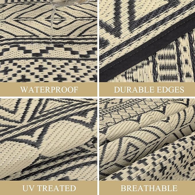 GAOMON Outdoor Rug for Patio Clearance 5x8 Reversible Plastic Straw Patio Rug for Camping Stain & UV Resistant RV Mats for Porch, Deck, Backyard, Camper, Balcony, Picnic, Black&Brown-Ruum Studio Home