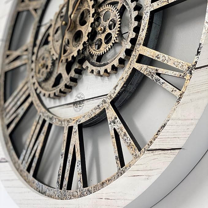 The Gears Clock The Original Real Moving Gear Wall Clock Vintage Industrial Oversized Rustic Farmhouse (24 inch (60cm),White Farmhouse)-Ruum Studio Home