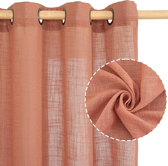 LAMIT Light Filtering Sheer Linen Curtains 102 inches Long, Linen Textured Semi Sheer Bronze Grommet Natural Boho Drapes for Living Room/Farmhouse, 2 Panels, Terracotta, 52 x 102 Inch-Ruum Studio Home