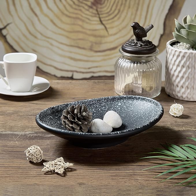 Oval Ceramic Decorative Bowl, Key Dish for Entryway Table, Small Home Decor Accent, Trinket Tray for Office Home Decor Gift (10'' Snowflake Gray without Glaze Layer)-Ruum Studio Home