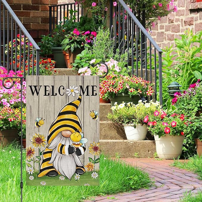 Welcome Summer Gnome Garden Flag Spring Summer Bee Sunflower Yard Flag 12x18 Double Sided Burlap Daisy House Flag for Rustic Seasonal Outside Outdoor House Decoration (ONLY FLAG)-Ruum Studio Home