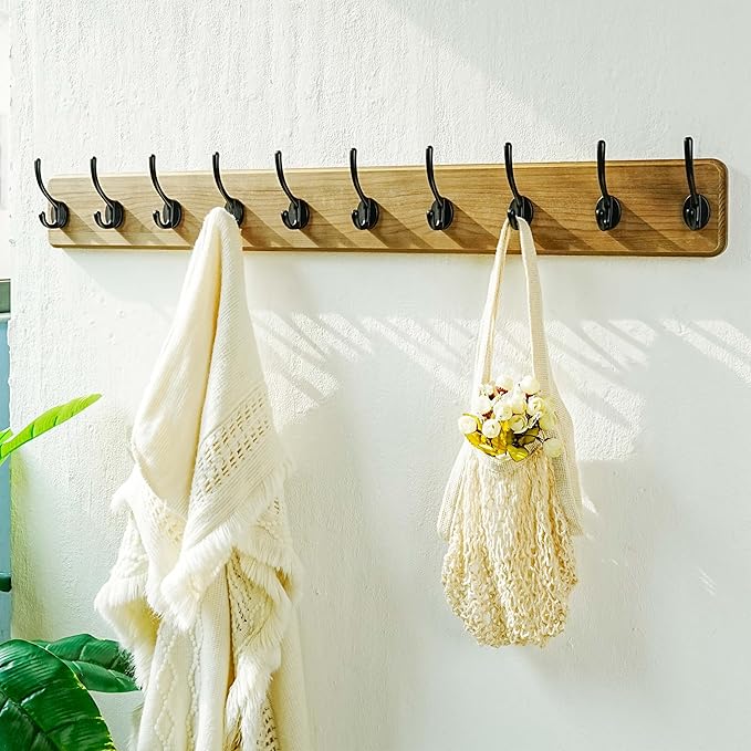 Dseap Coat Rack Wall: 38-1/4" Long, Patented, Heavy-Duty, 10-Double-Hooks Wooden Wall Mounted Coat Rack Coat Hanger Hook Rail for Winter Coats Hat Jacket Clothing, Weathered Brown, Pack of 2-Ruum Studio Home
