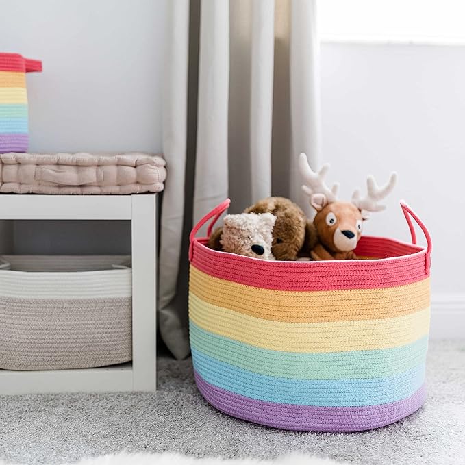 OrganiHaus Large Blanket Basket for Living Room 20x13, Rainbow Rope Basket for Classroom Organization, Toy Storage Basket, Woven Kids Laundry Basket, Baby Toy Box, Cute Storage Basket, Nursery Hamper-Ruum Studio Home