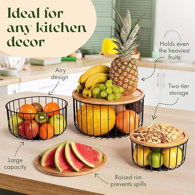 Fruit Basket for Kitchen Counter Set of 3 - Large Stackable Baskets with Bamboo Lid - Perfect Holder For Fruit and Vegetable Storage - Keep Your Countertop Classy, Tidy and Slightly Fruity!-Ruum Studio Home