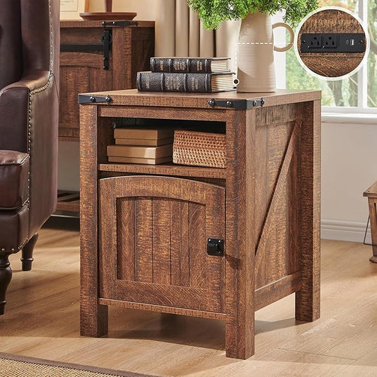OKD Farmhouse Nightstand with Charging Station, 18" Rustic End Table with Adjustable Storage Shelf, Wood Rustic Wood Sofa Side Table for Bedroom-Ruum Studio Home