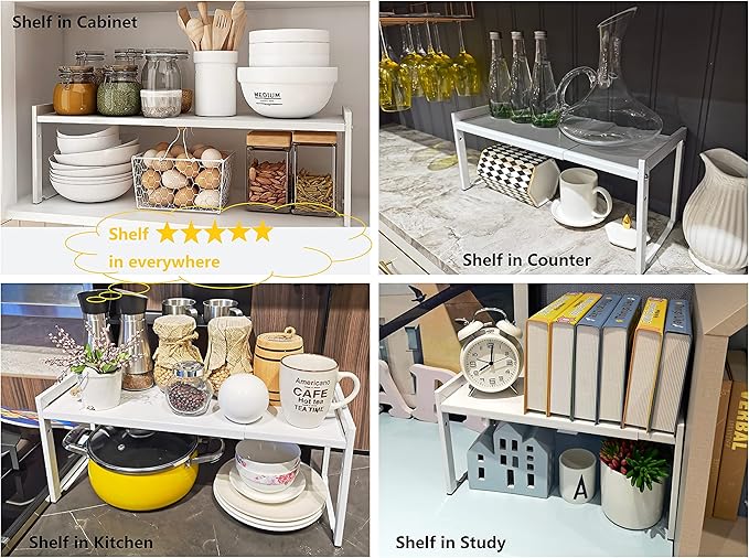 Expandable Cabinet Shelf Organizer 16-26" L Stackable Kitchen Counter Shelf Rack Stand Sink Riser Countertop Storage White (Normal 7.9”D)-Ruum Studio Home