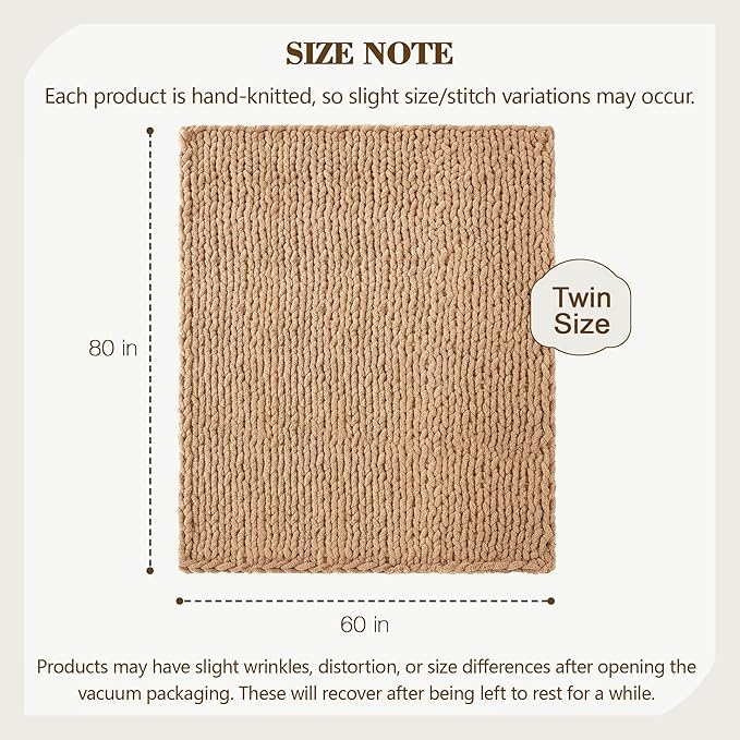 Carriediosa Chunky Knit Throw Blanket 60" X 80" Twin, 100% Hand Made Large Chenille Loop Yarn Soft Fluffy Throws for Couch Sofa Bed, Big Crochet Cozy Heavy Thick Cable Woven Blankets, Tan Brown-Ruum Studio Home