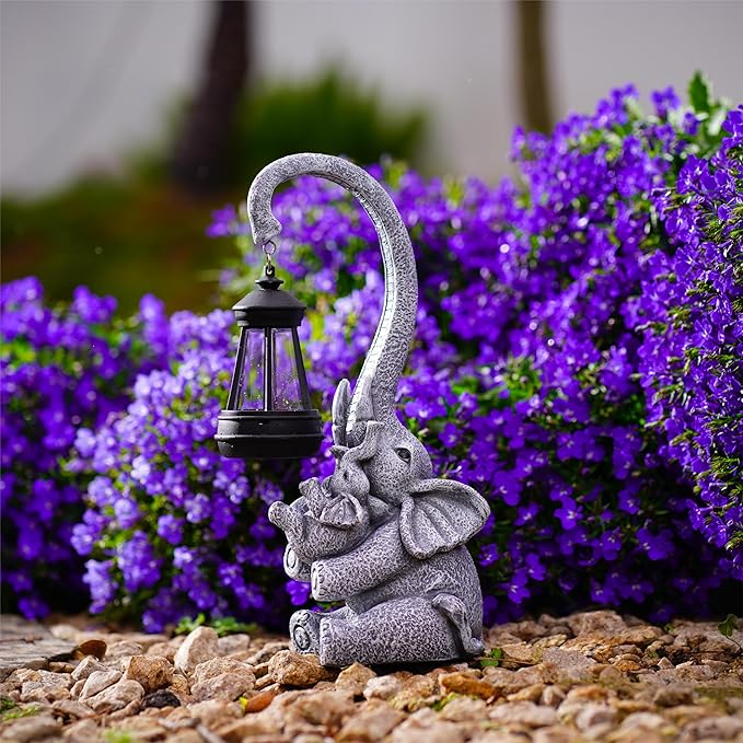 Elephant Outdoor Statues with Cute Baby Garden Decor, Resin Elephant Figurines with Solar Lantern Outdoor Decoration Gifts for Mothers Day, Birthday Day-Ruum Studio Home