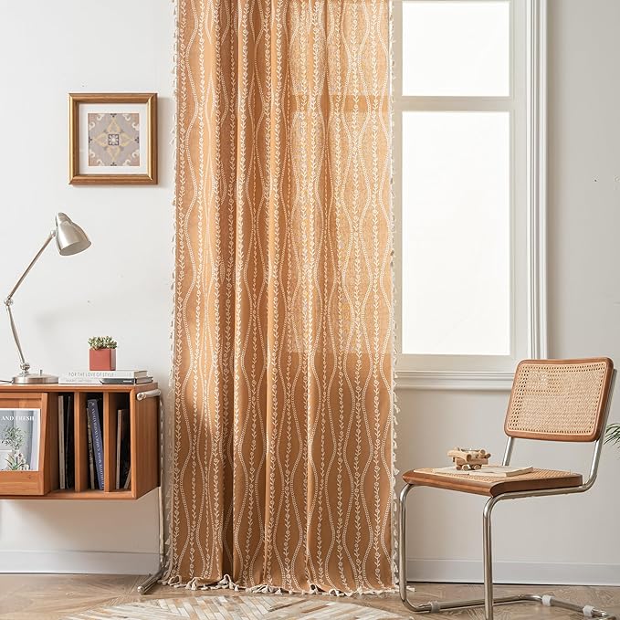 Sutuo Home Boho Curtains 84 Inches Length for Bedroom Living Room, Printed Cotton Linen Rod Pocket Rustic Farmhouse Bohemian Tassels Window Treatment, 1 Panel 59" W x 84" L, Terracotta Stripe Florals-Ruum Studio Home