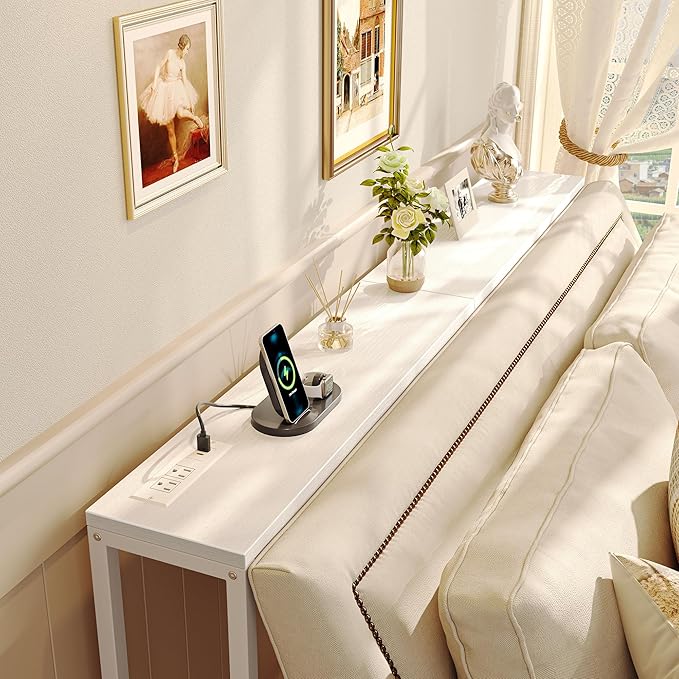 SUPERJARE Console Table with Outlet, 63 Inch Sofa Table with Charging Station, Narrow Entryway Table, Skinny Hallway Table, Behind Couch Table, for Living Room, Plants, White-Ruum Studio Home