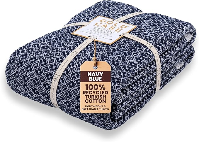 Gold Case Throw Blanket for Bed – 100% Recycled Turkish Cotton Bed Blanket – Decorative Throw Cotton Blankets for Living Room & Bedroom – Retro Navy Blue Woven Queen Blankets – 90x90-Ruum Studio Home